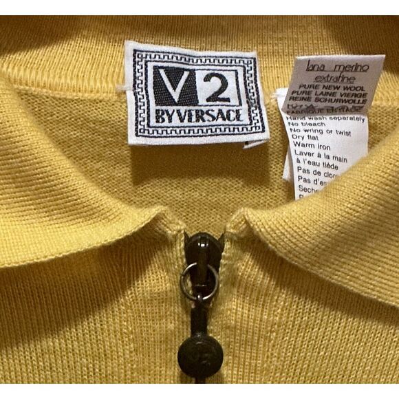 Vtg V2 Versace Men's 1/4 Zip Pullover Sweater Yellow Merino Wool Knit Size L euc - Picture 2 of 6